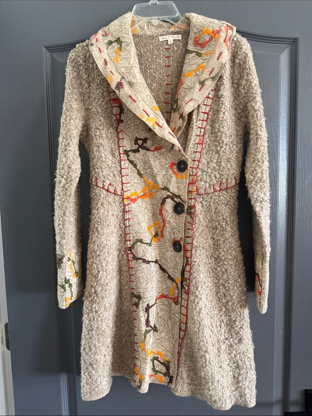 Hem & Thread Beige Bouclé Embroidered Shawl Collar Sweater Coat